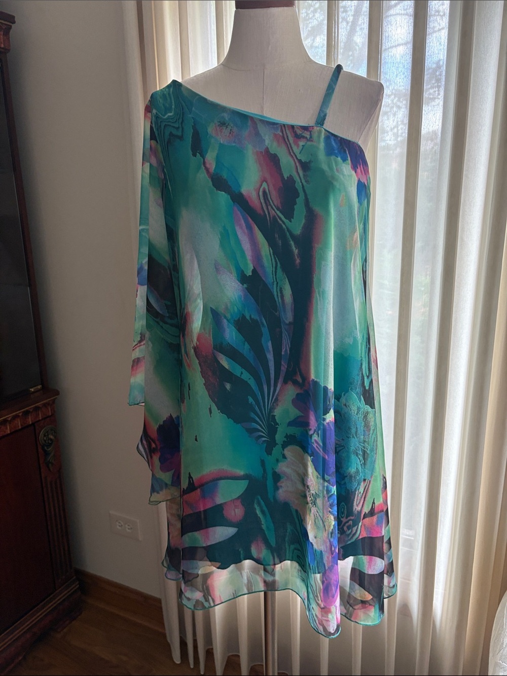 Bisou Bisou one shoulder watercolor abstract flowy mini dress kimono sleeve 10
